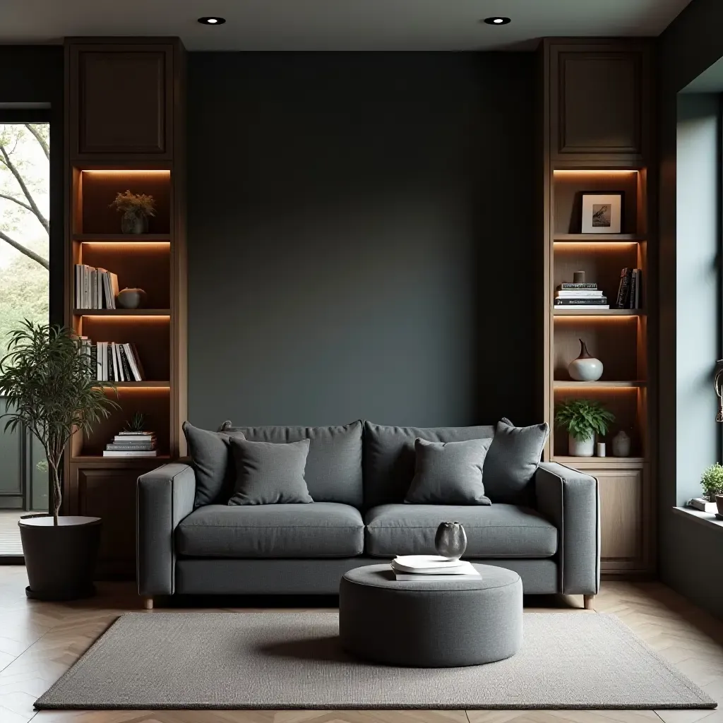 a photo of a dark grey couch with a cozy reading nook and bookshelves in a stylish living room