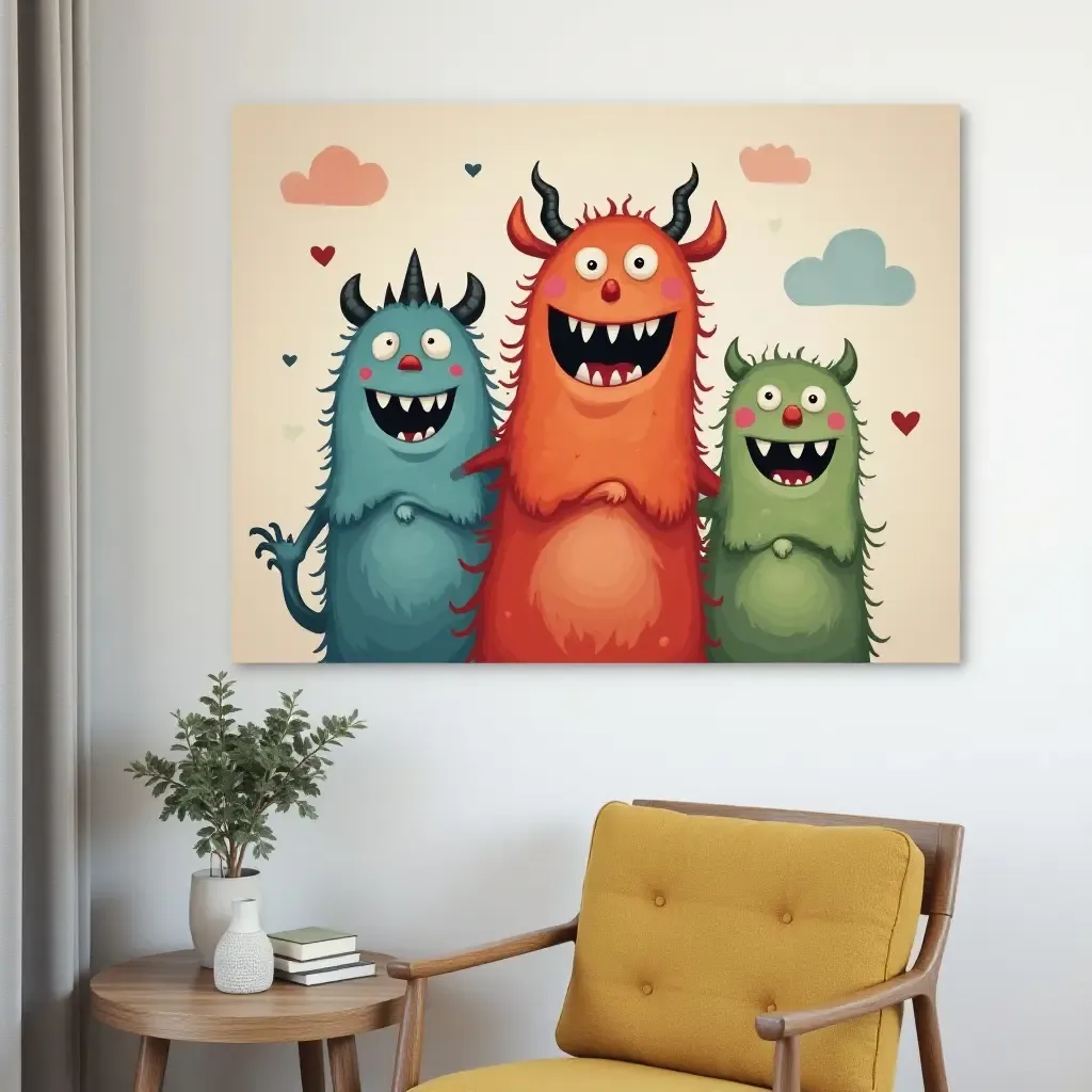 a photo of a playful monster wall art with friendly faces