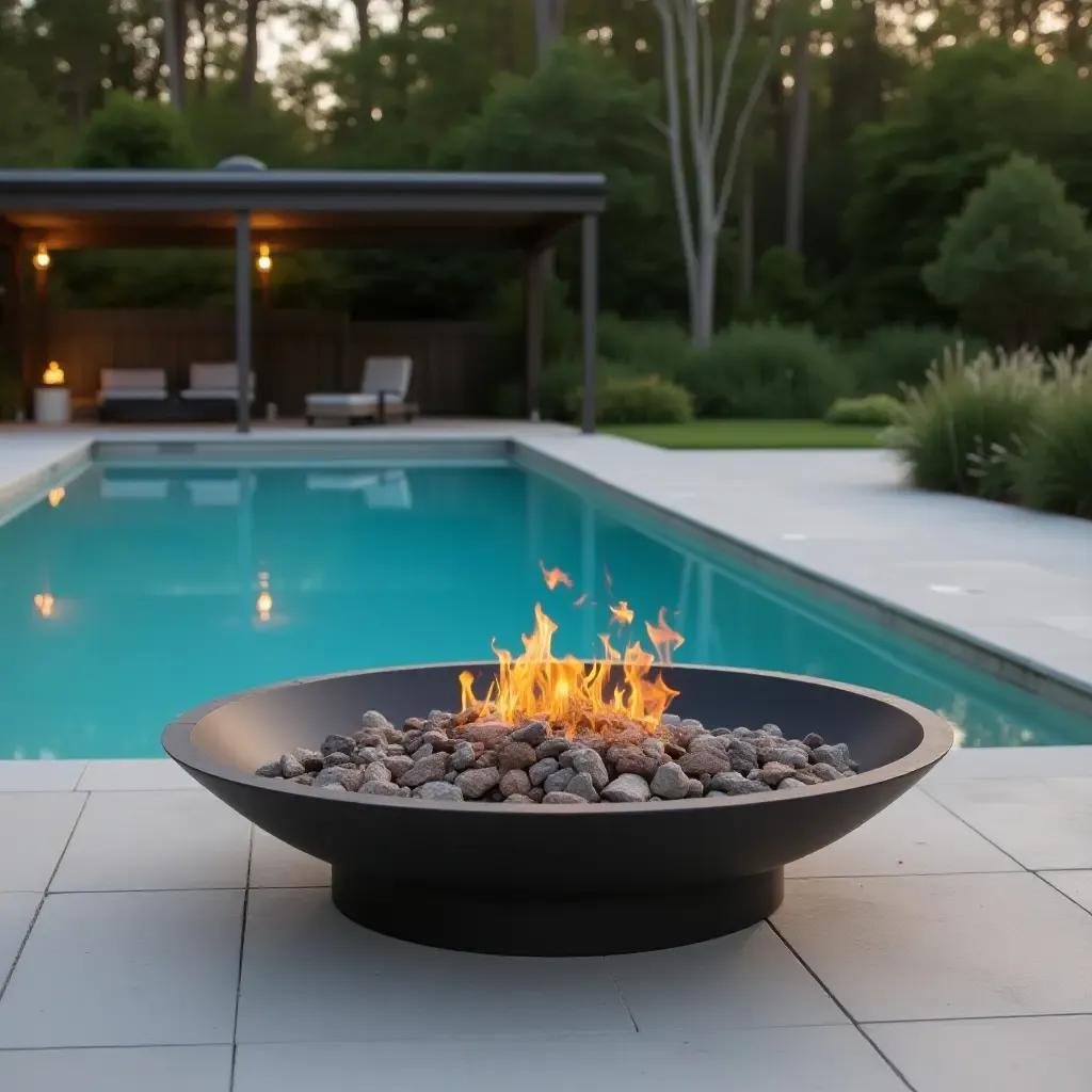 a photo of a steel fire pit next to a luxurious pool