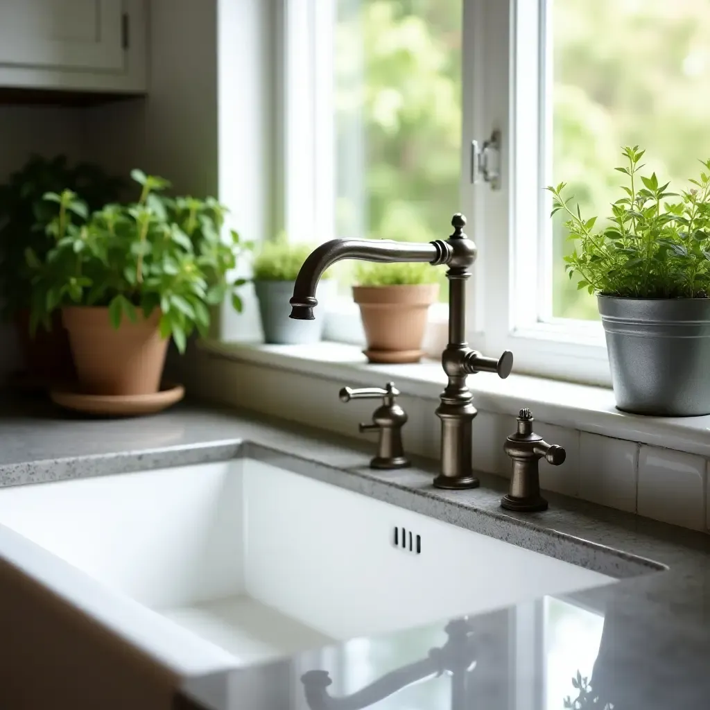 a photo of a farmhouse sink with a vintage faucet and potted plants