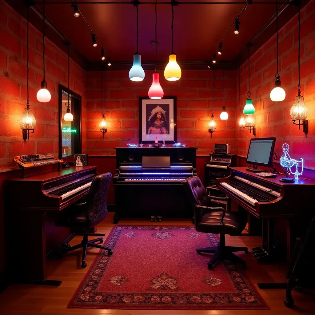 a photo of a vibrant basement music studio with colorful pendant lights