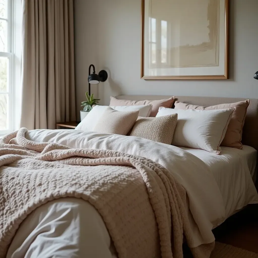 a photo of a bed with layers of textured throws and cushions