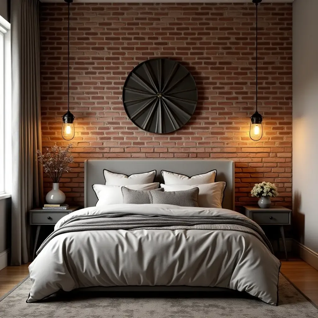 a photo of a cozy bedroom with brick wall and metal decor