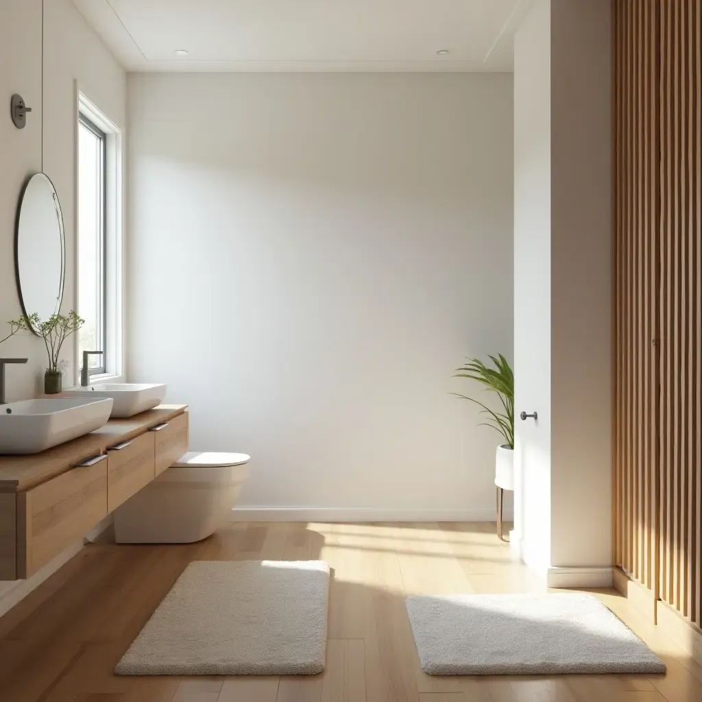 a photo of a bathroom with wooden flooring and soft rugs for comfort