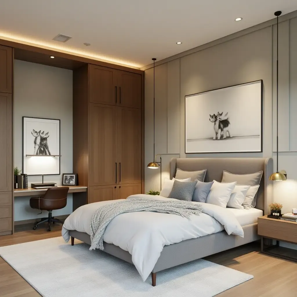 a photo of a spacious master bedroom with an integrated workspace and ergonomic furniture