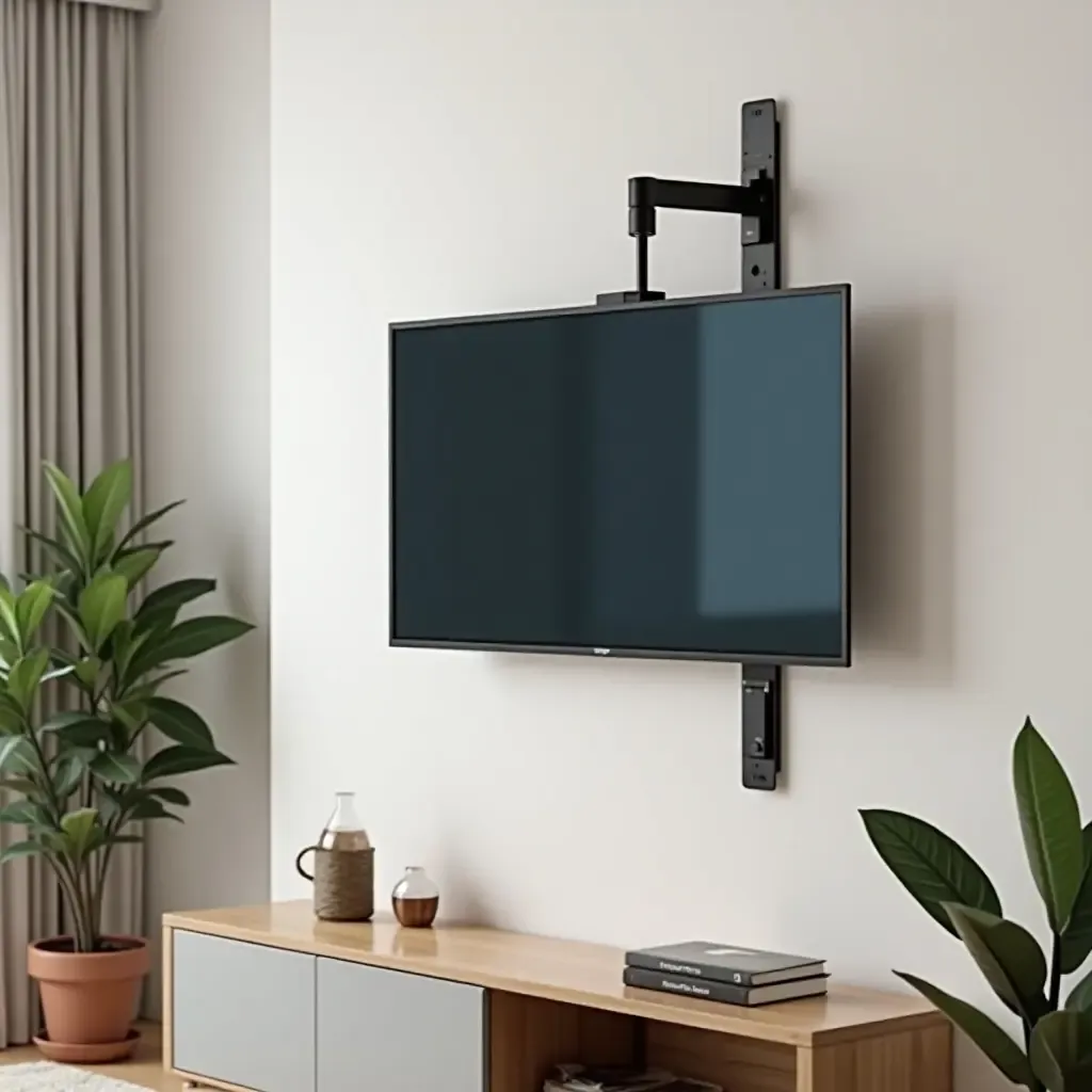 a photo of a small living room with a TV on a stylish swivel mount for flexibility