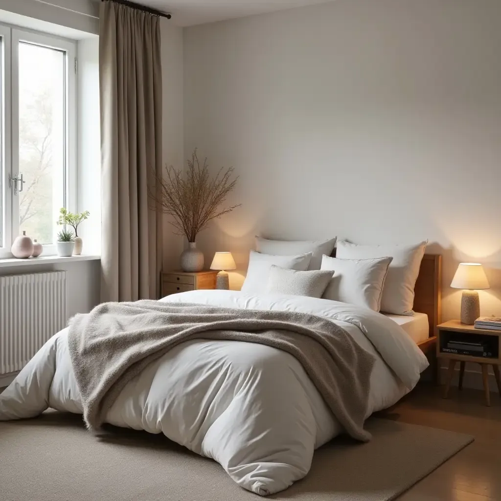 a photo of a cozy Scandinavian-inspired bedroom with layered bedding and soft lighting