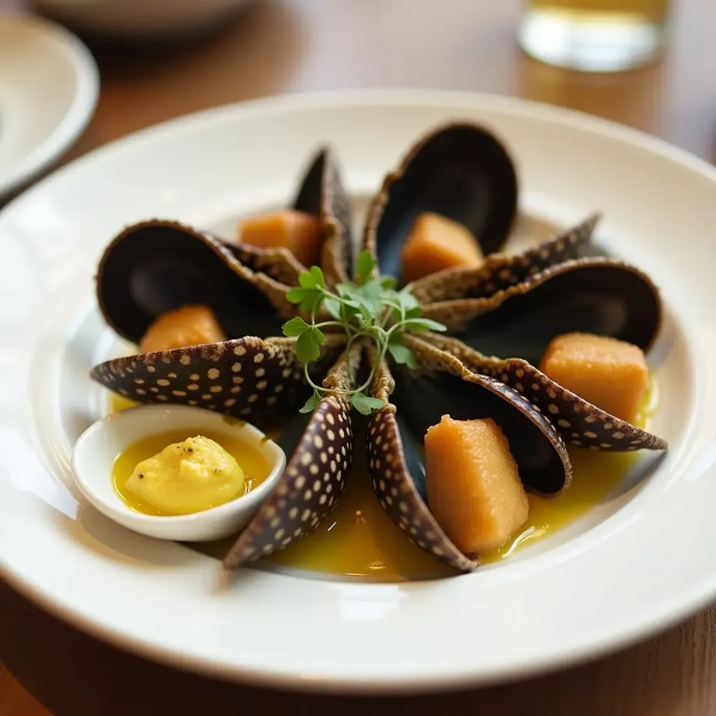 a photo of percebes (gooseneck barnacles) served on a plate with a side of garlic butter.