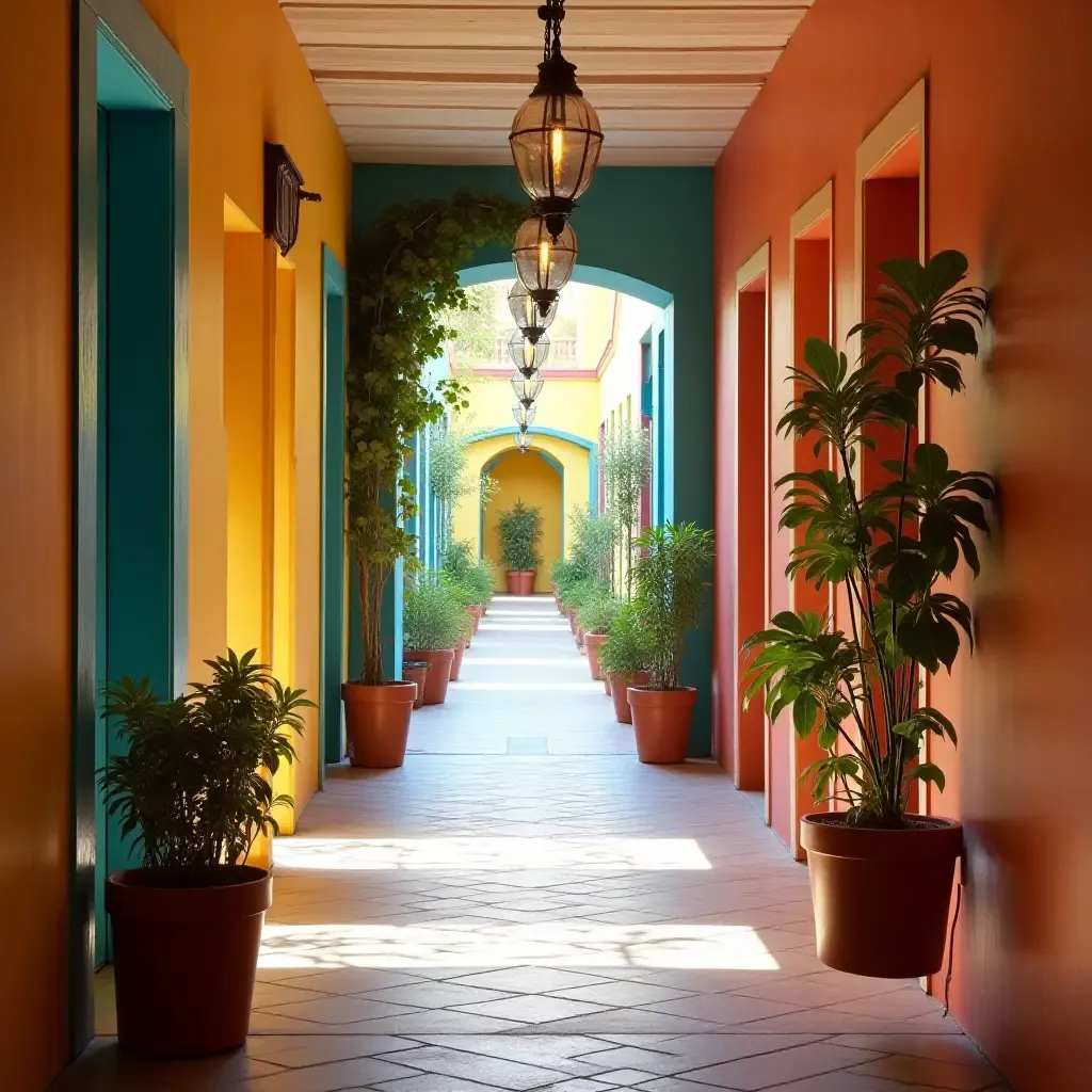 a photo of a colorful corridor with hanging glass planters