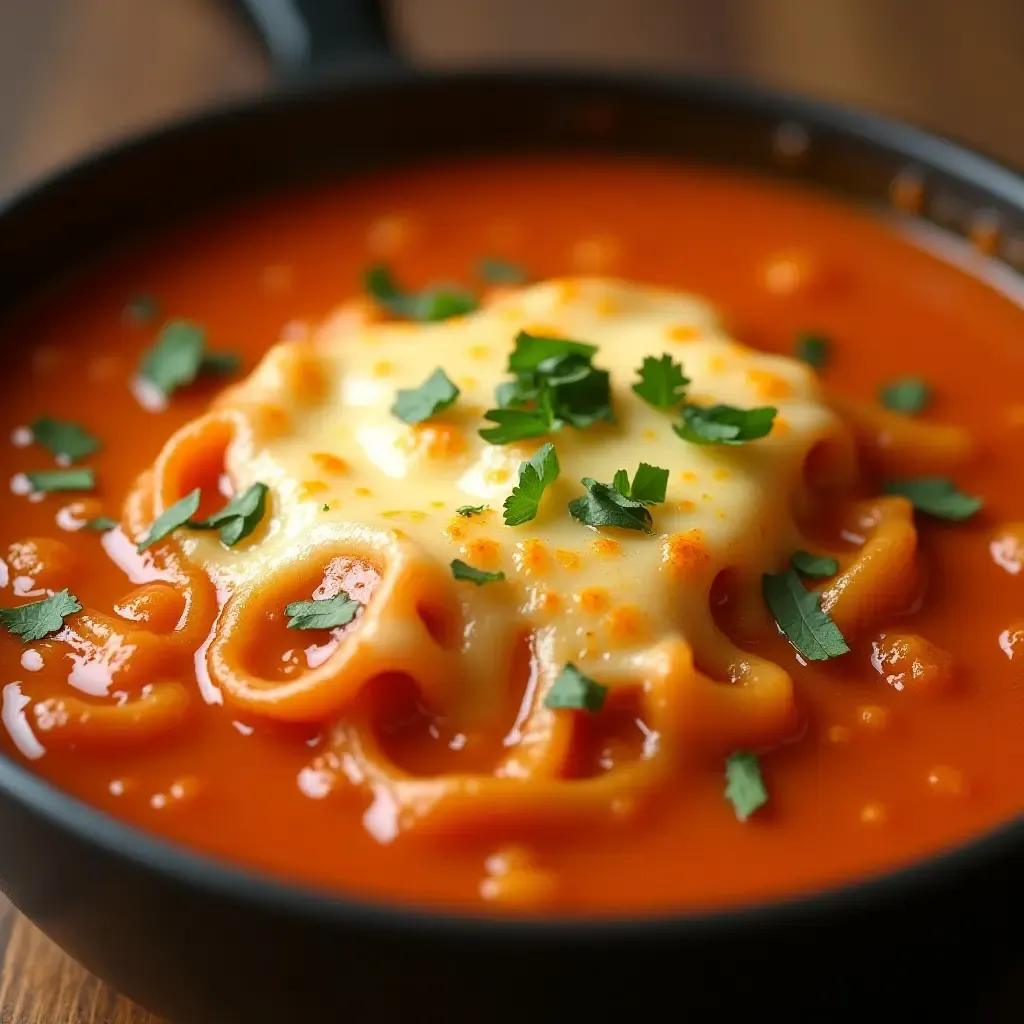 a photo of a vibrant French onion soup with melted cheese topping.