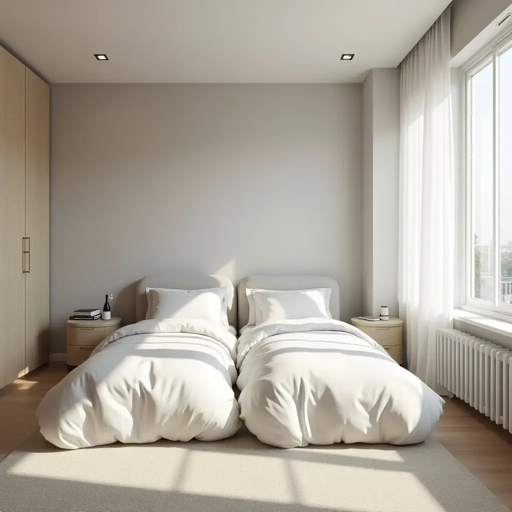 a photo of a shared bedroom with a minimalist design and efficient use of space