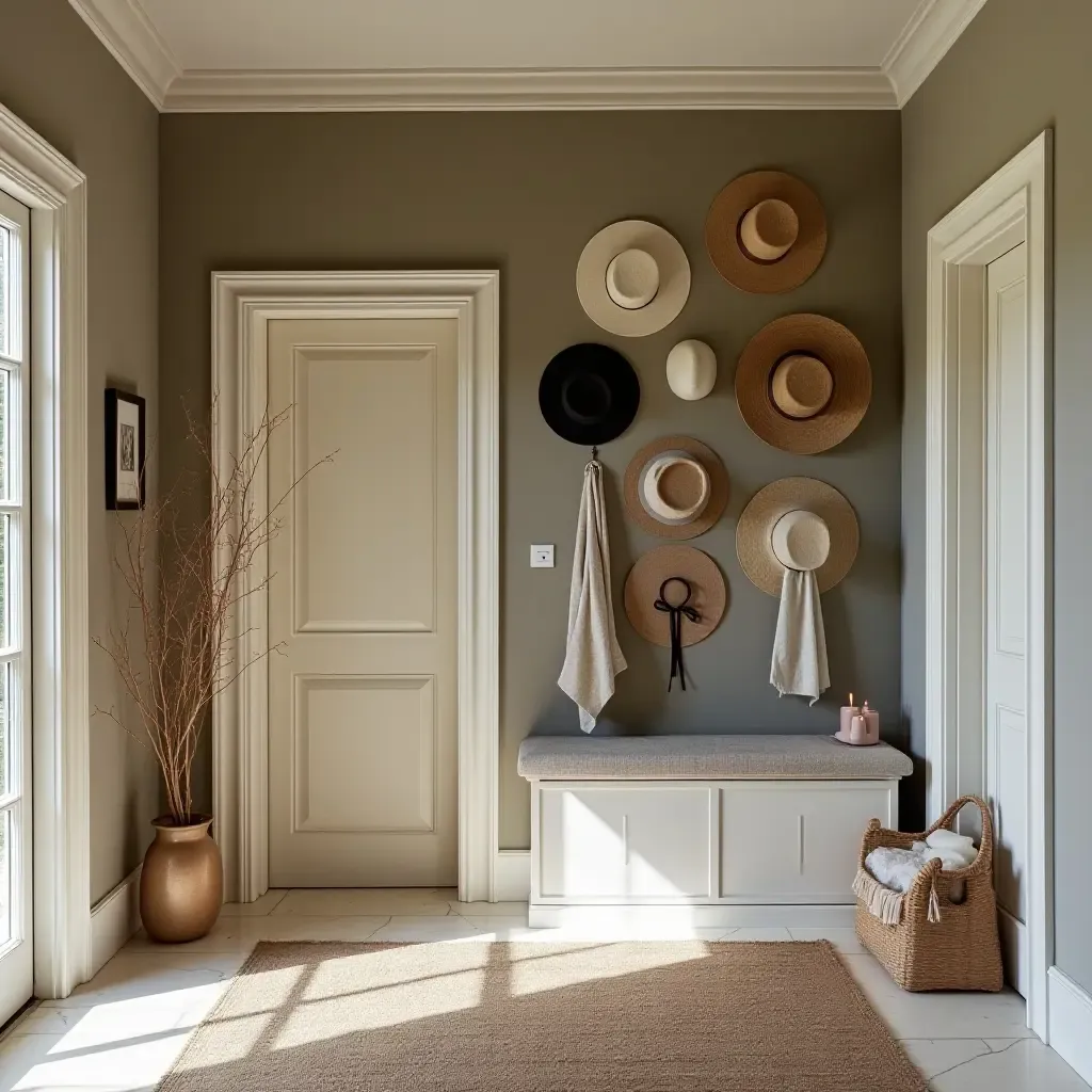 a photo of an entrance hall featuring a whimsical display of hats and accessories