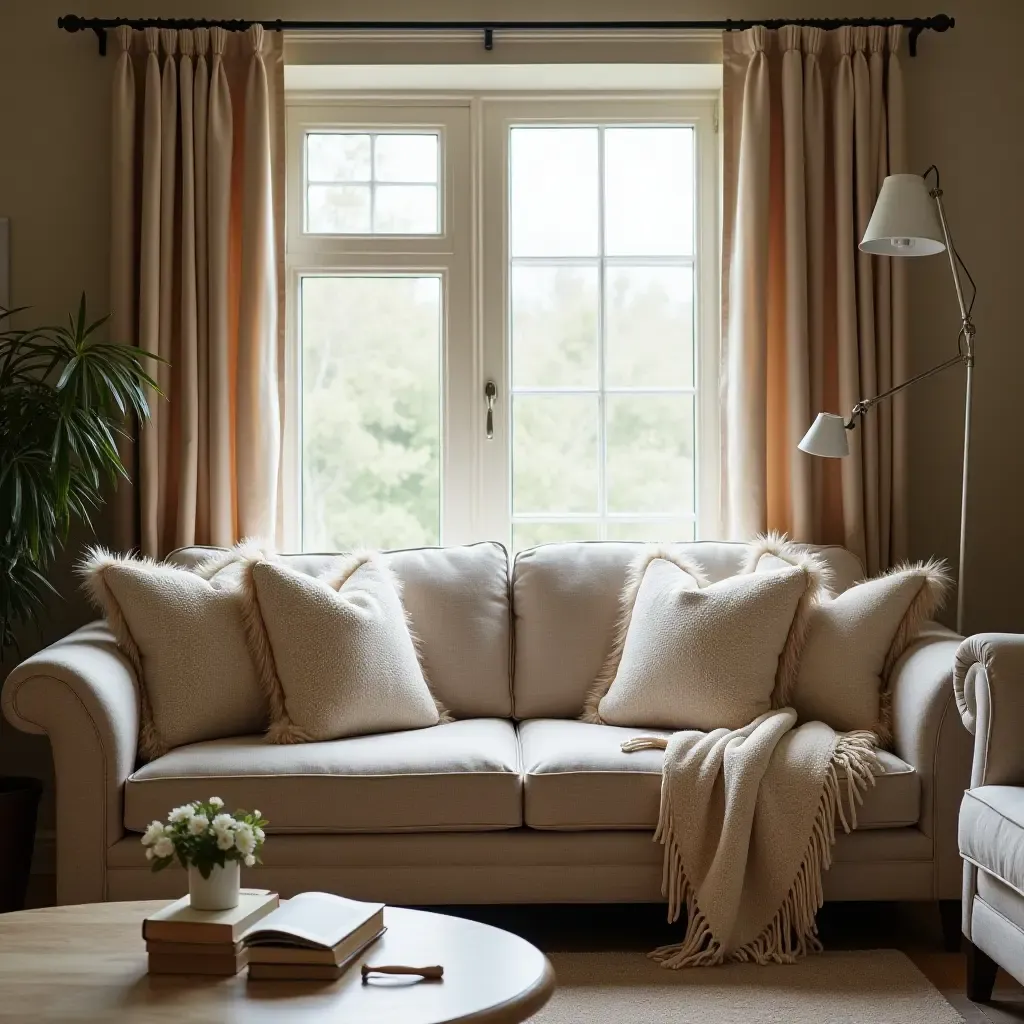 a photo of a reading nook with a comfortable sofa and decorative pillows