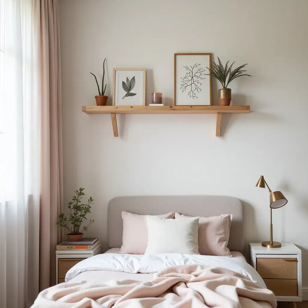 a photo of a charming teen bedroom with a DIY wooden shelf and decor