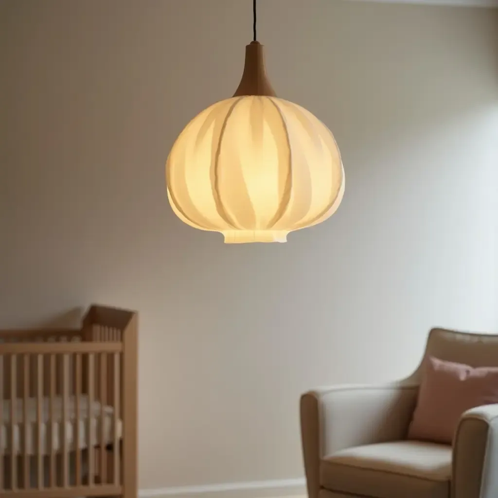 a photo of a soft, fabric pendant light in a cozy nursery