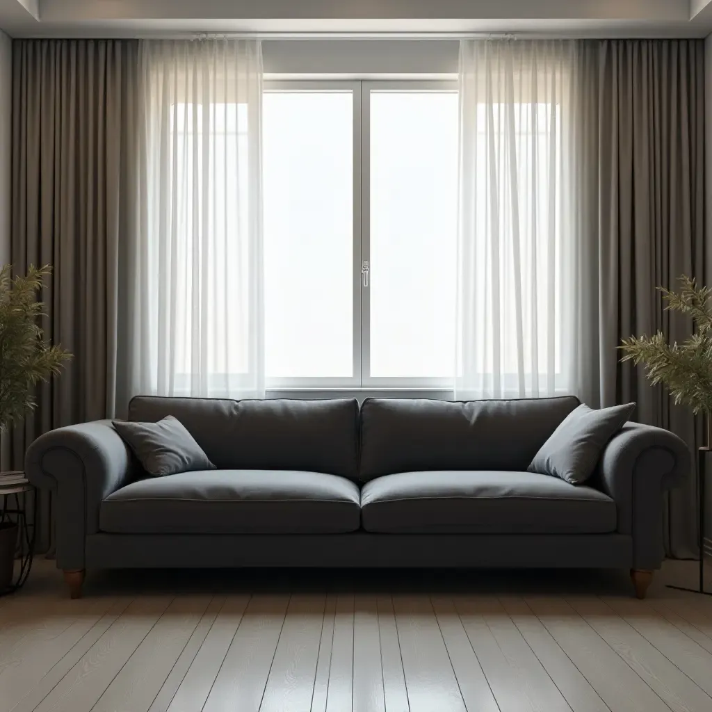 a photo of a dark grey couch facing a large window with sheer curtains and natural light