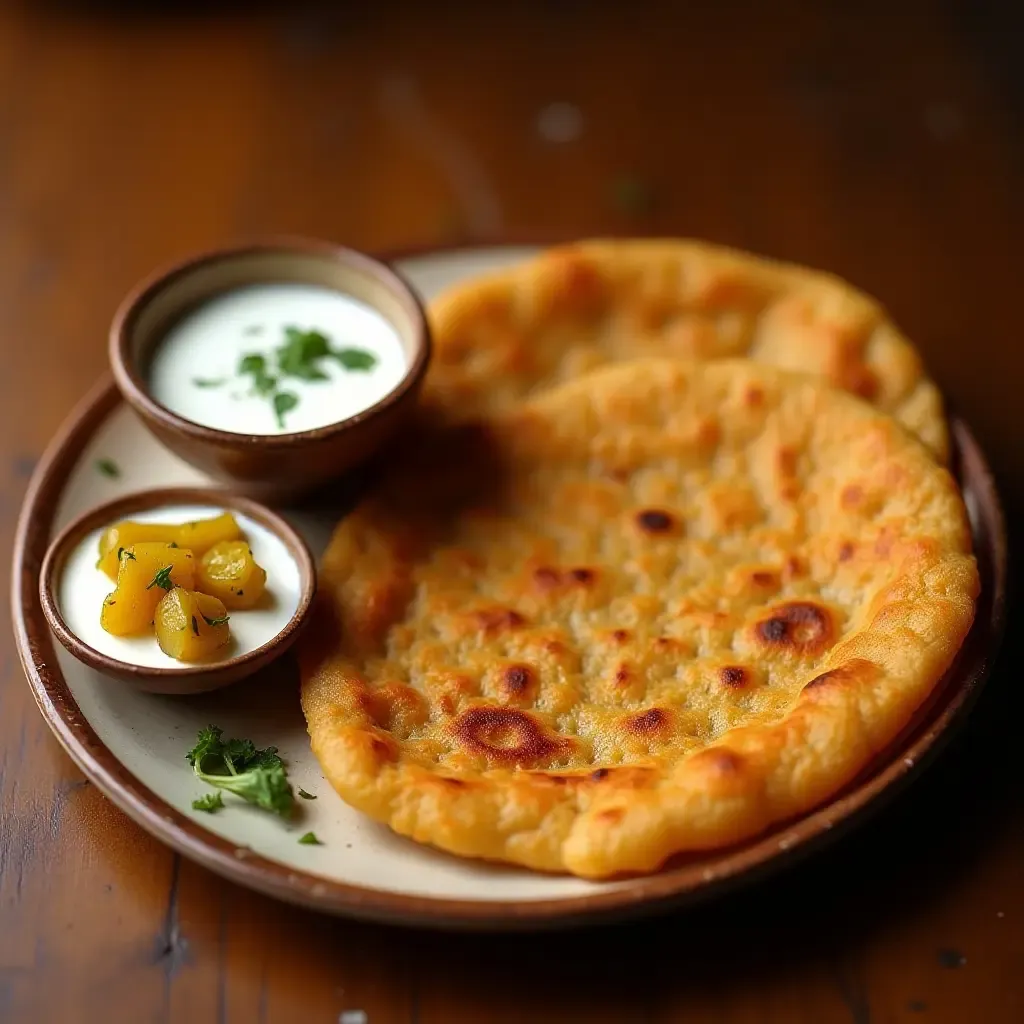 a photo of a crispy masala paratha served with yogurt and pickles on a wooden table.