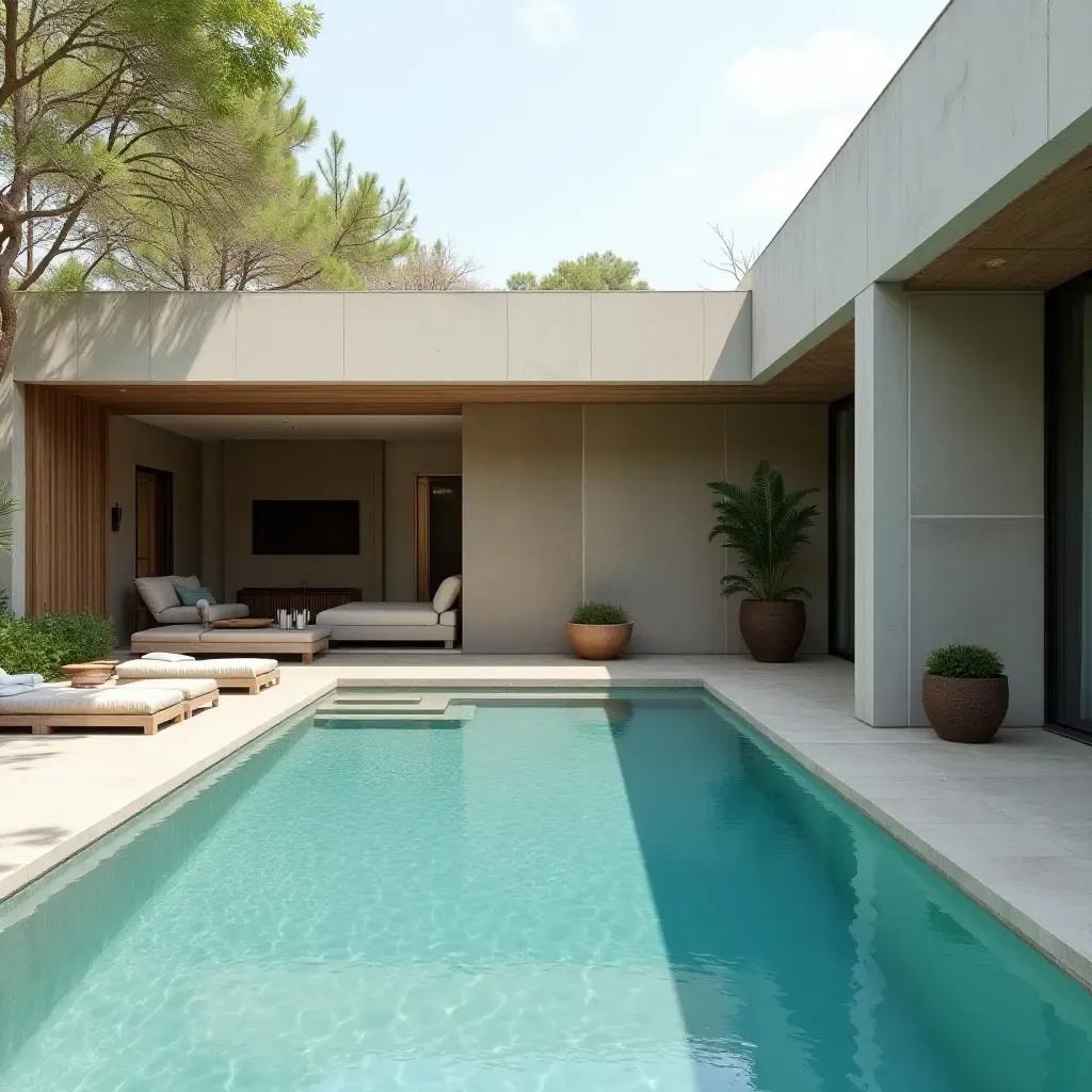 a photo of a serene zen pool area with soft blues and natural materials