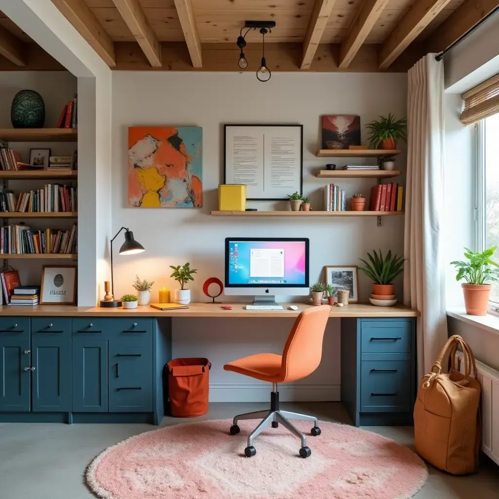 a photo of a basement workspace with colorful organizational tools and decor