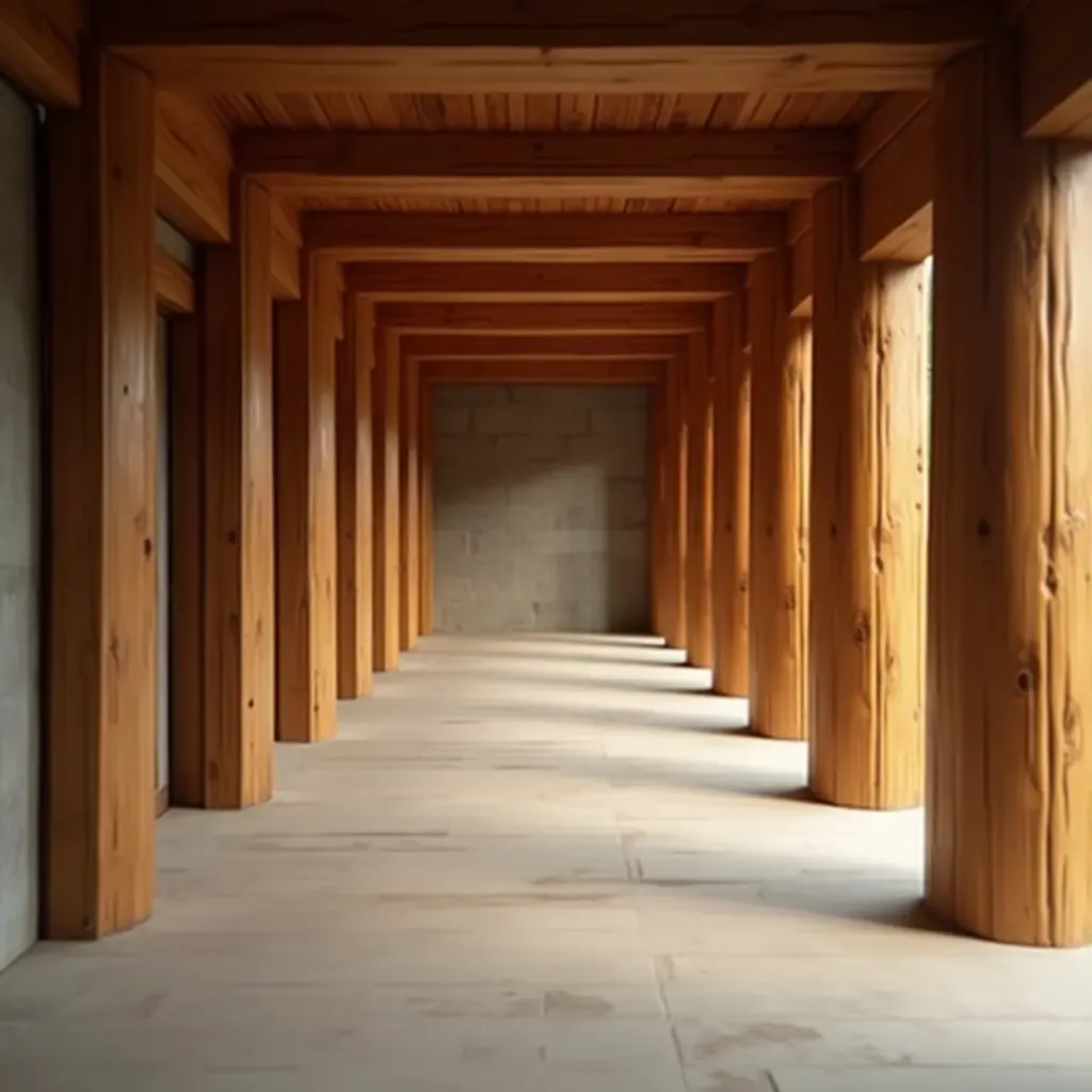 a photo of a corridor with wooden pillars and soft lighting