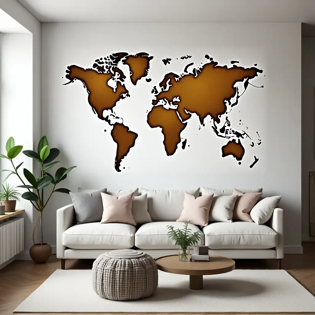 a photo of a living room with a large world map as wall art