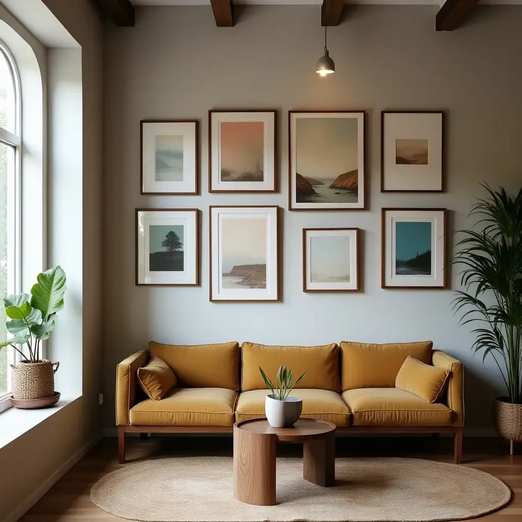 a photo of a gallery wall showcasing local artists&#x27; works in a cozy nook