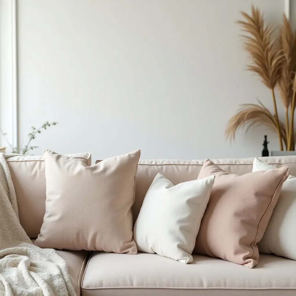 a photo of a tranquil living room with calming throw pillows on a soft sofa