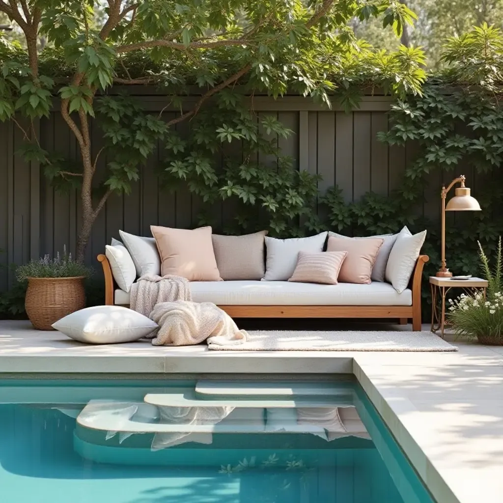 a photo of a cozy farmhouse pool area with decorative pillows and soft blankets