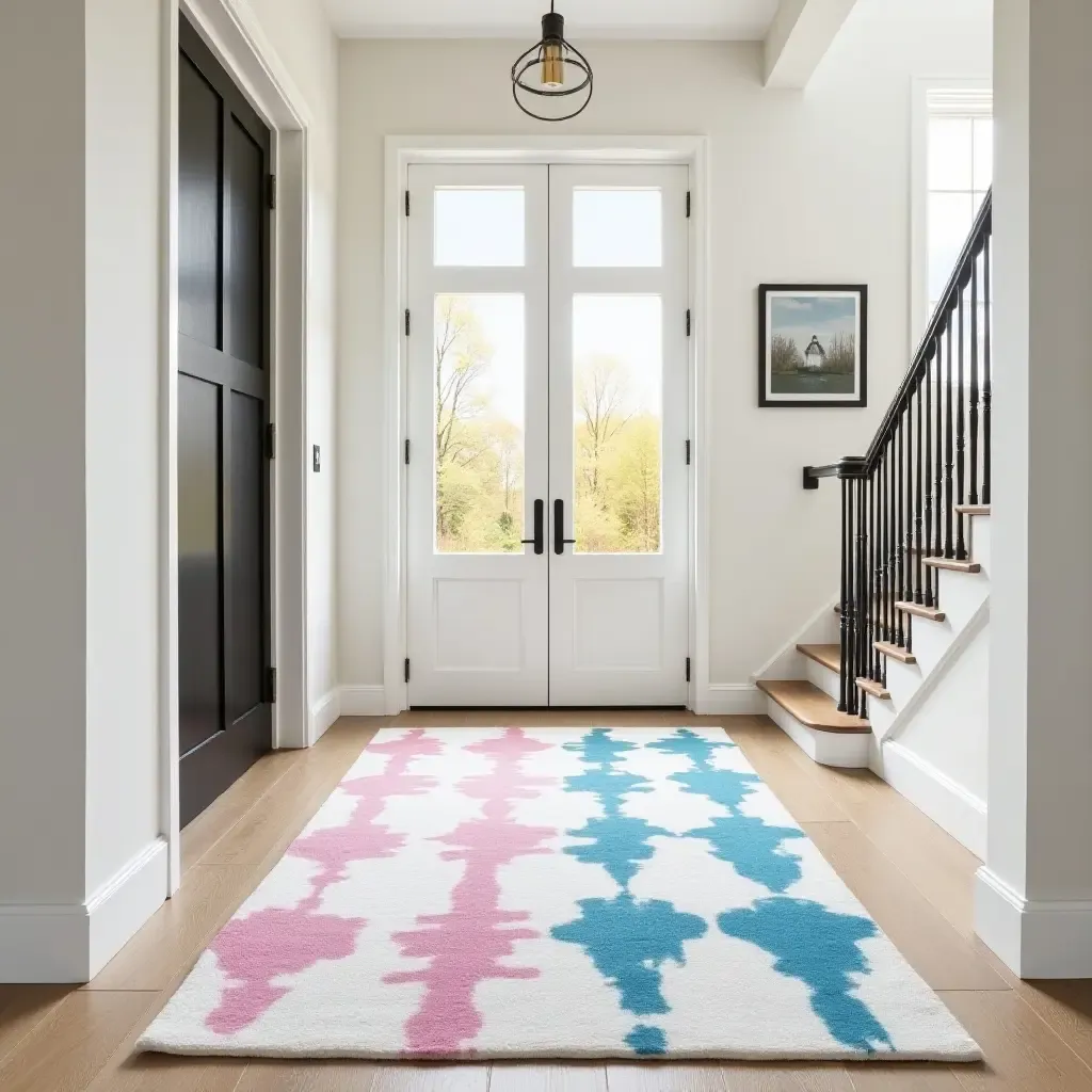 a photo of a trendy tie-dye rug in a modern foyer