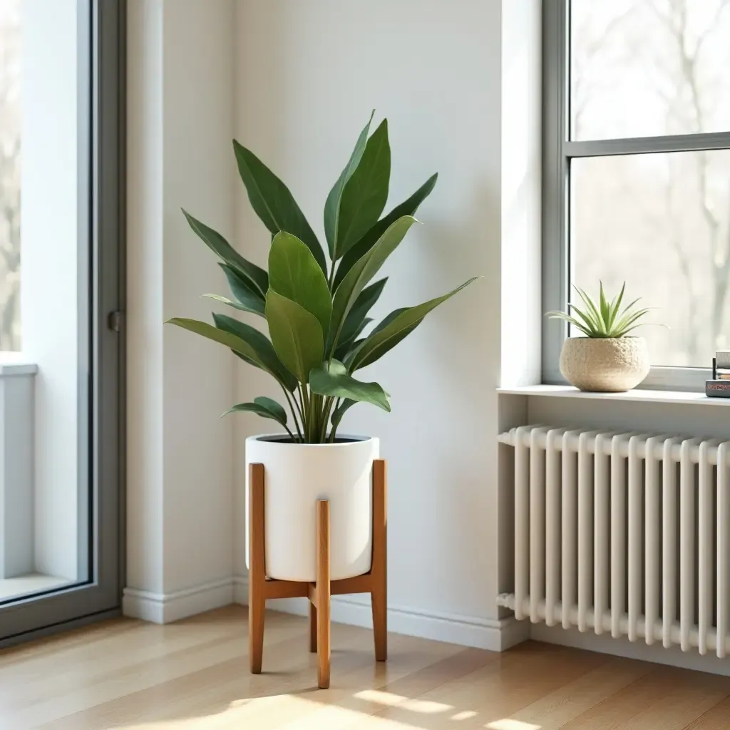 a photo of a stylish plant stand in a contemporary room