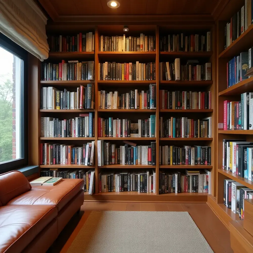 a photo of a small library with personalized book displays