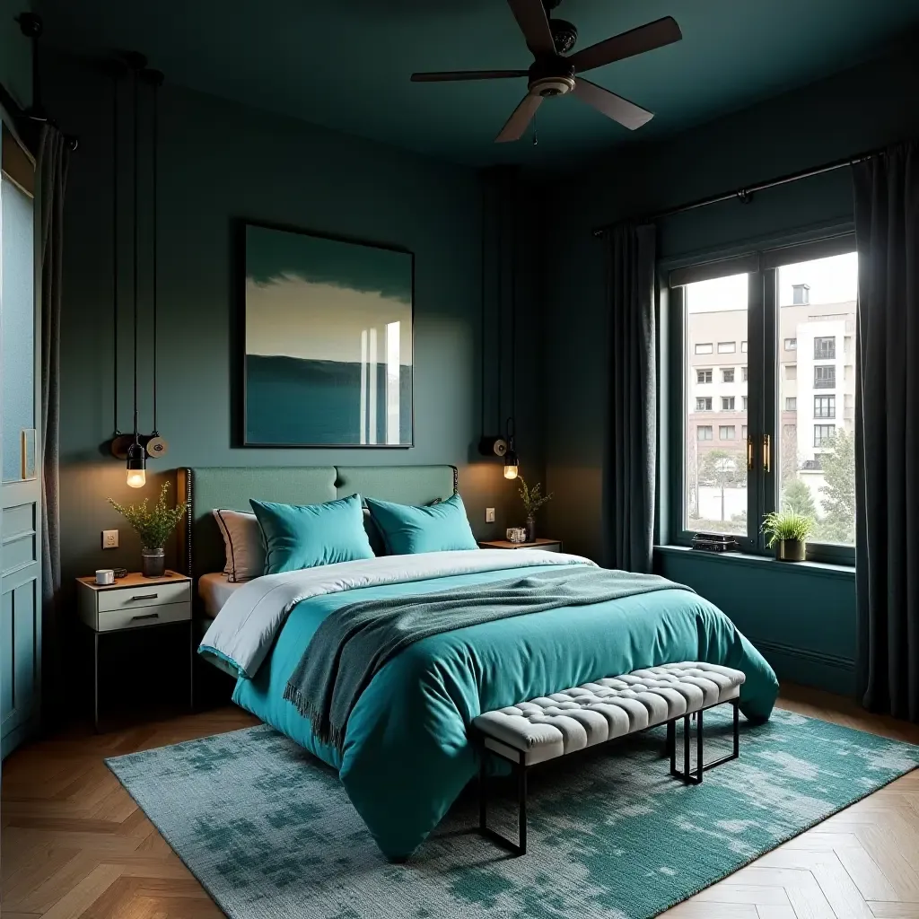 a photo of a striking black and turquoise teen bedroom