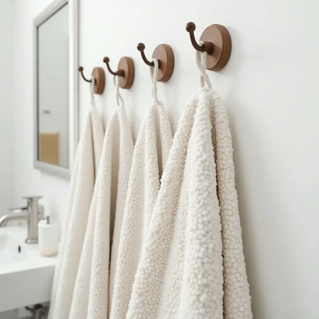 a photo of towels hanging on stylish hooks in an organized bathroom