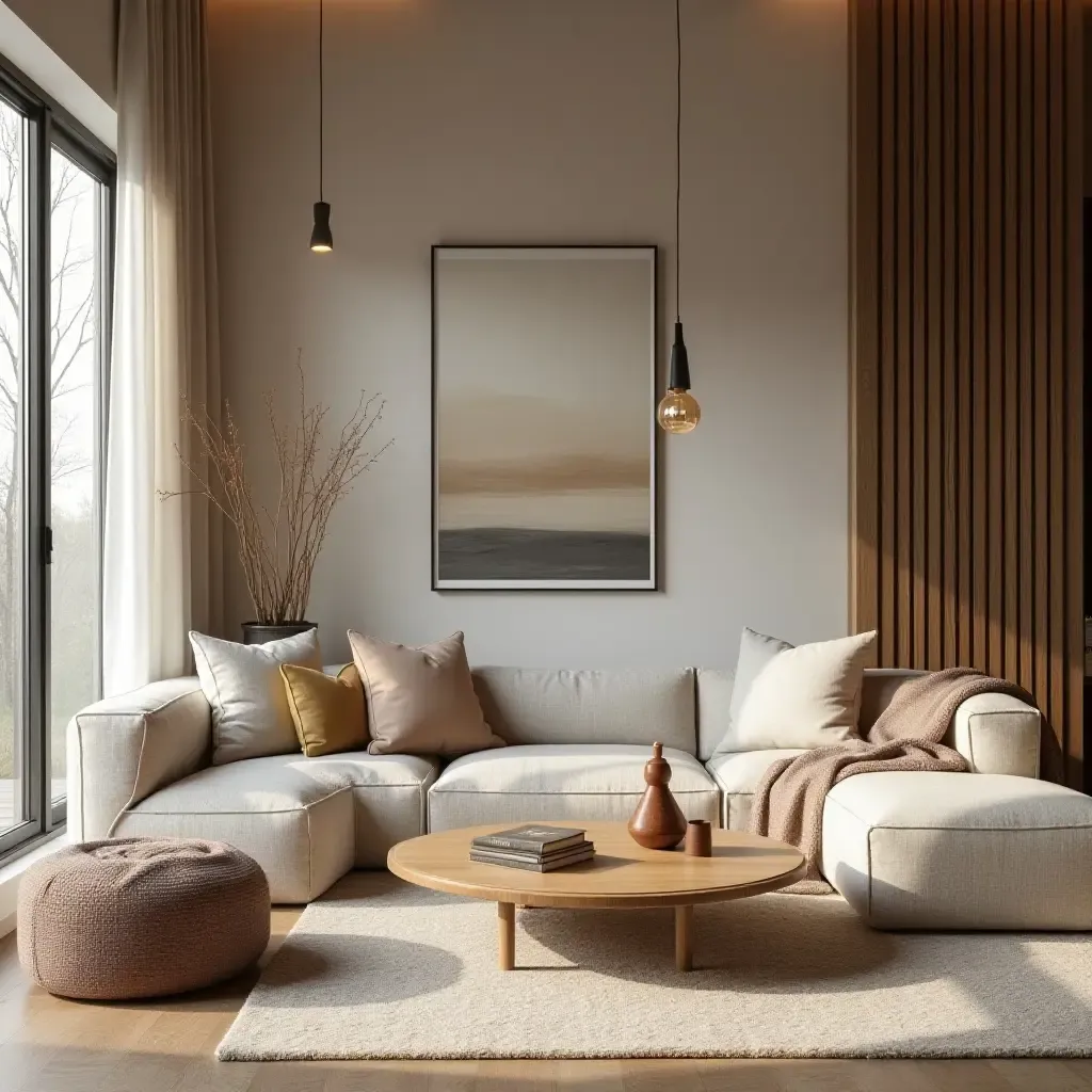 a photo of a cozy living room with wooden accents and layered textiles