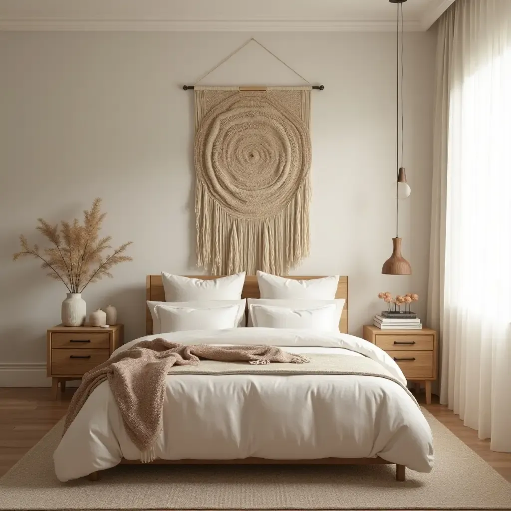 a photo of a dreamy bedroom with a woven wall hanging and earthy tones