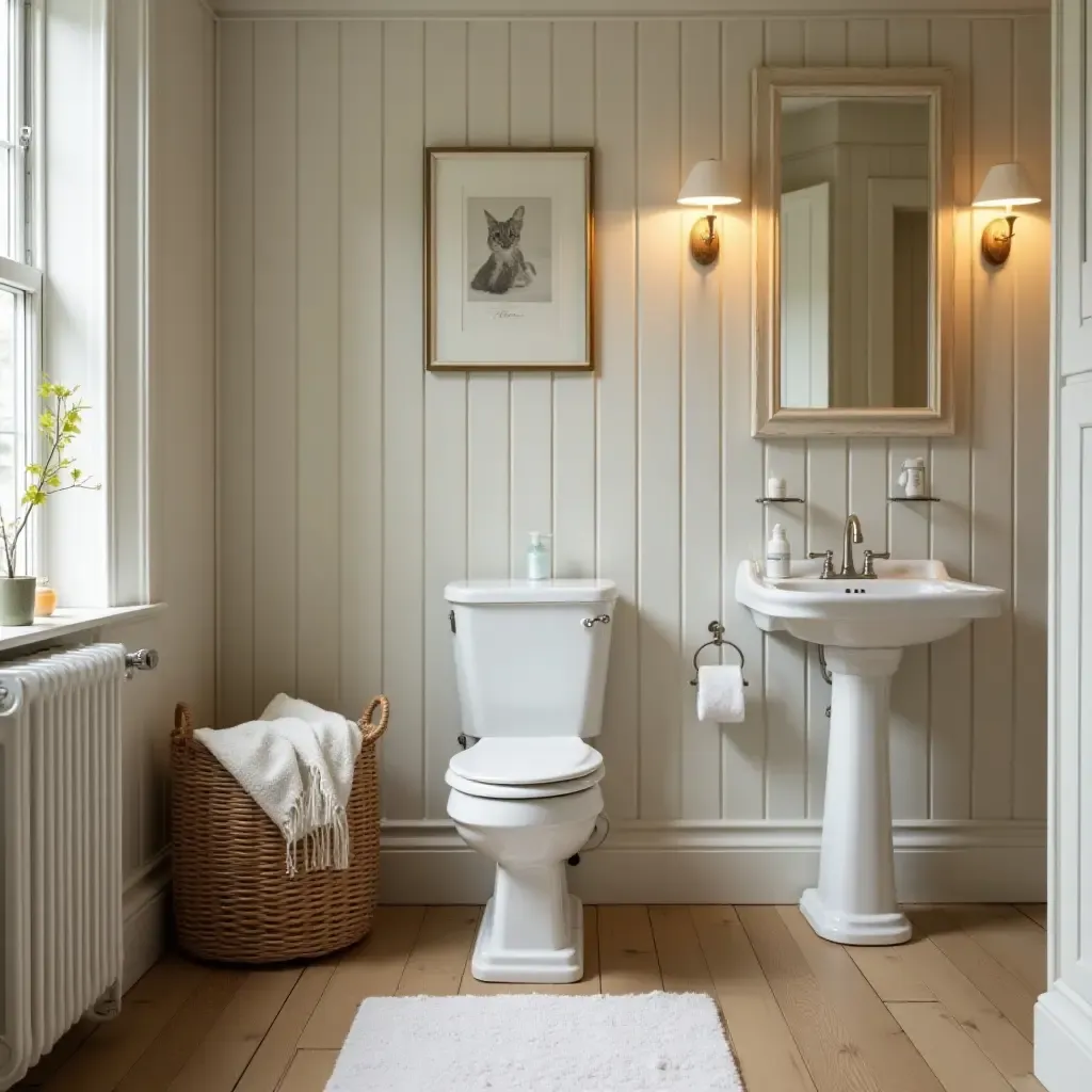 a photo of a nostalgic bathroom with a wicker laundry basket