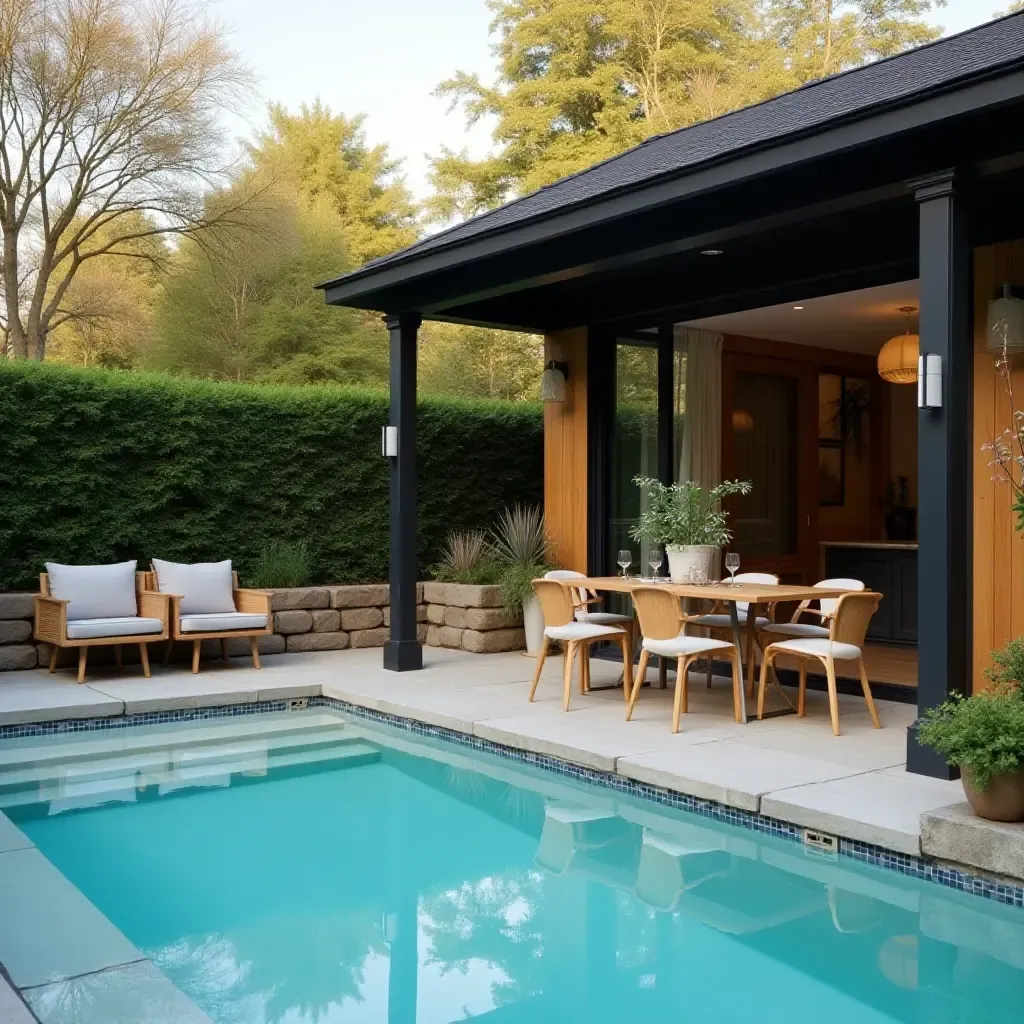 a photo of a small pool area with a chic outdoor dining setup