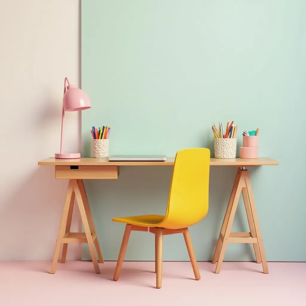 a photo of a stylish desk with a colorful chair and fun stationery