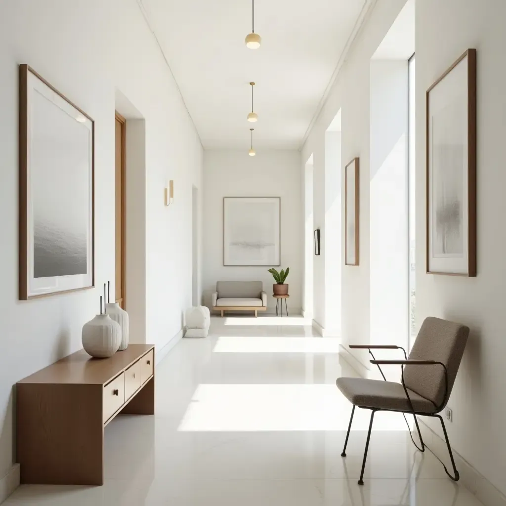 a photo of a bright corridor lined with minimalist furniture and artwork