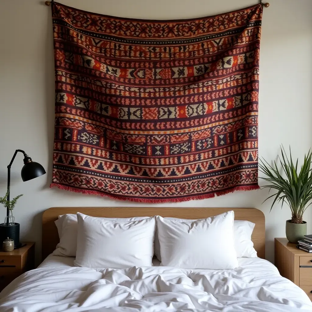 a photo of a bohemian tapestry hanging above a bed