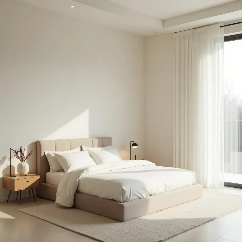 a photo of a minimalist bedroom with a calming color palette and open space