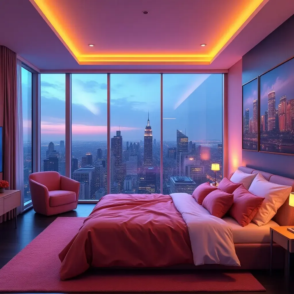 a photo of a vibrant cityscape-themed bedroom with skyline views