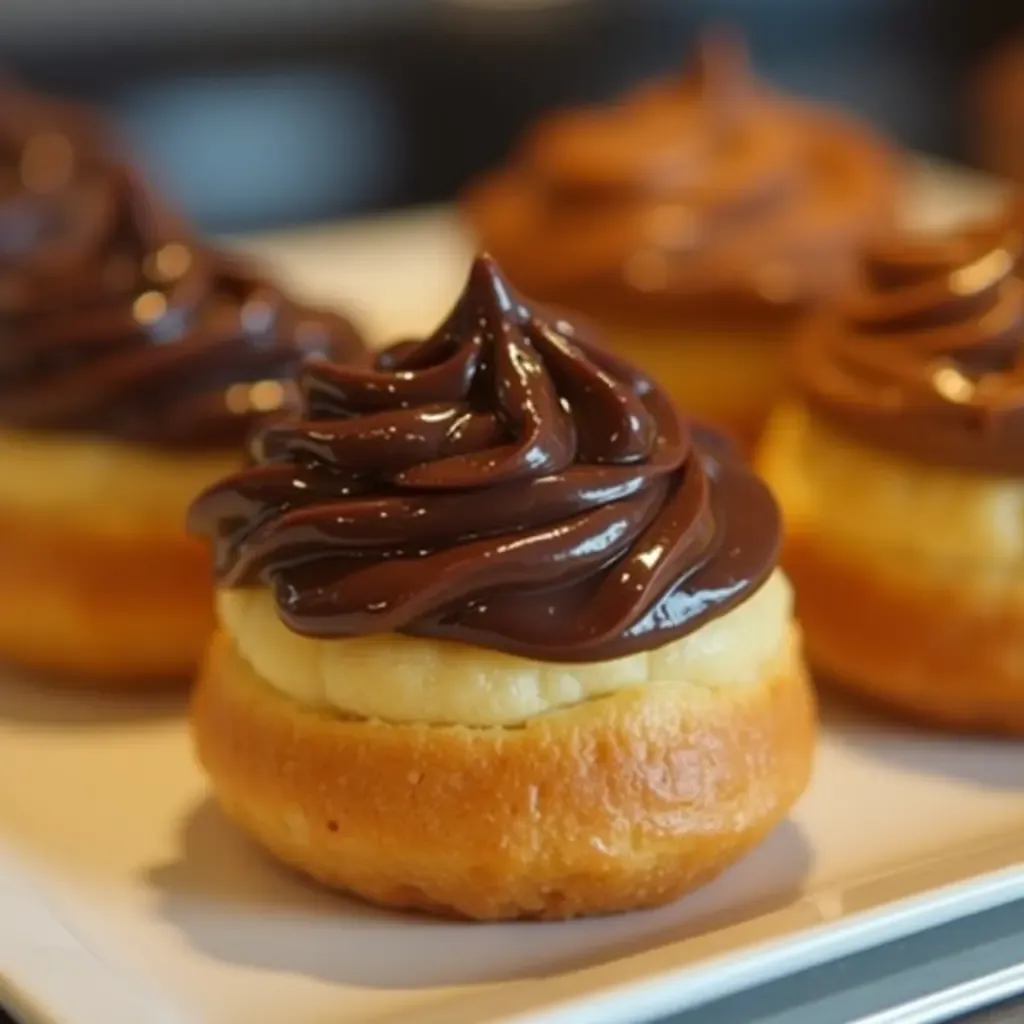 a photo of a glossy religieuse pastry, topped with chocolate glaze, displayed in a patisserie window.