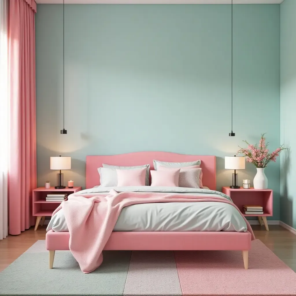 a photo of a fun pink and turquoise bedroom with playful accents