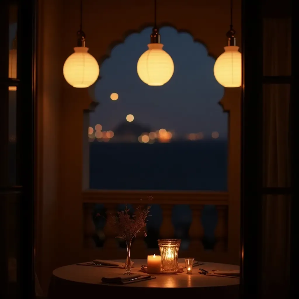 a photo of a romantic balcony setting with soft pendant illumination