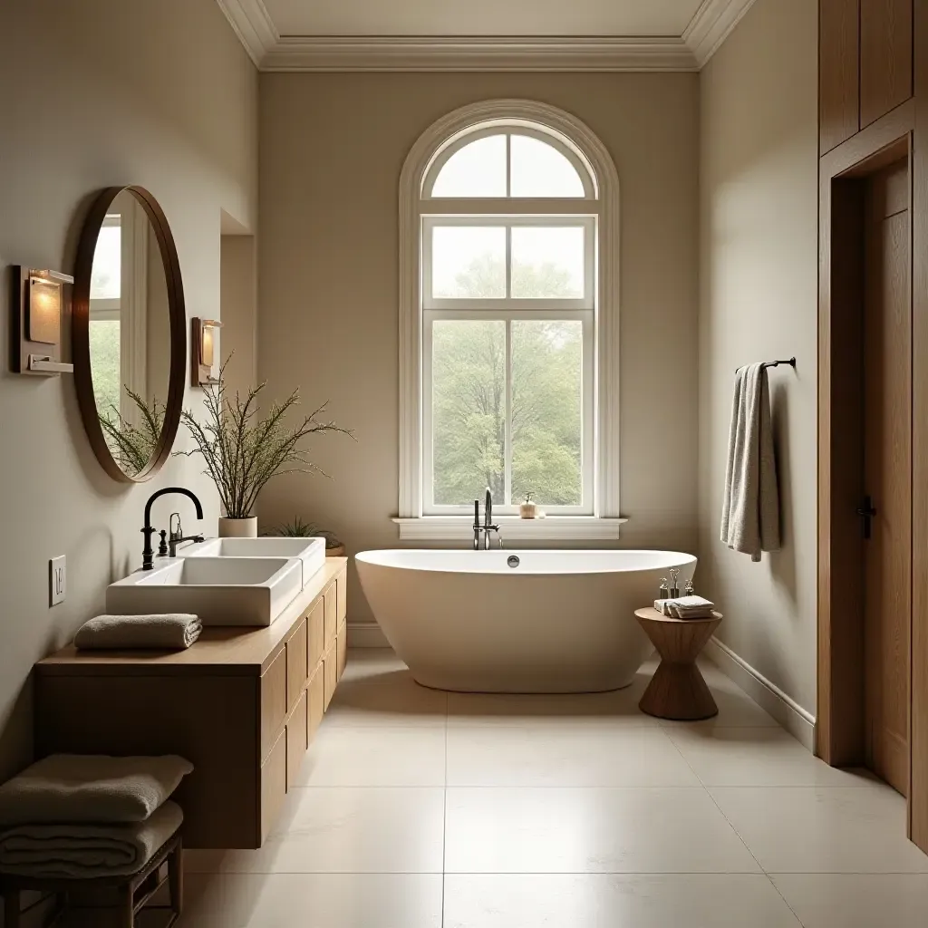 a photo of a serene bathroom featuring natural light and rustic elements