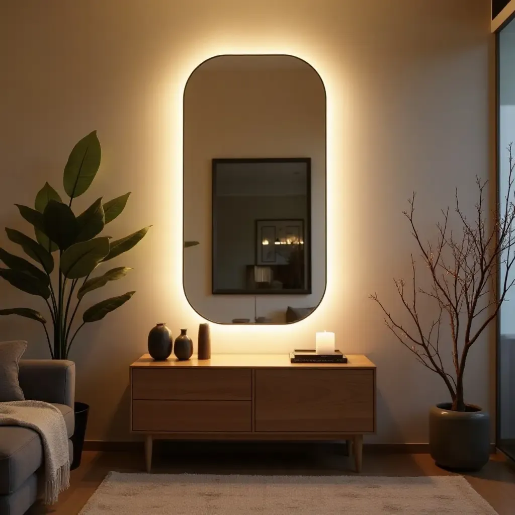 a photo of a small living room enhanced by a lighted mirror