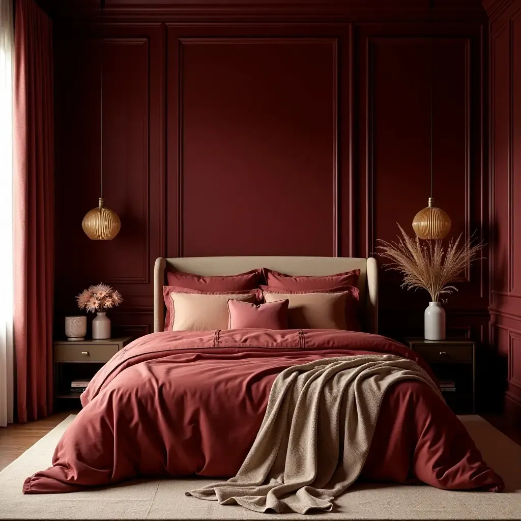 a photo of a luxurious burgundy and gold bedroom with rich fabrics