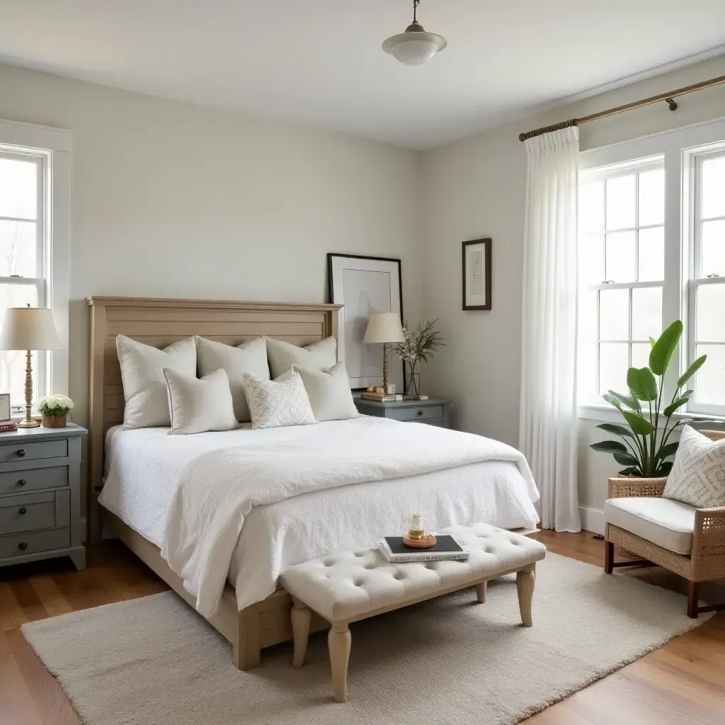 a photo of a farmhouse bedroom with a mix of vintage and modern furnishings