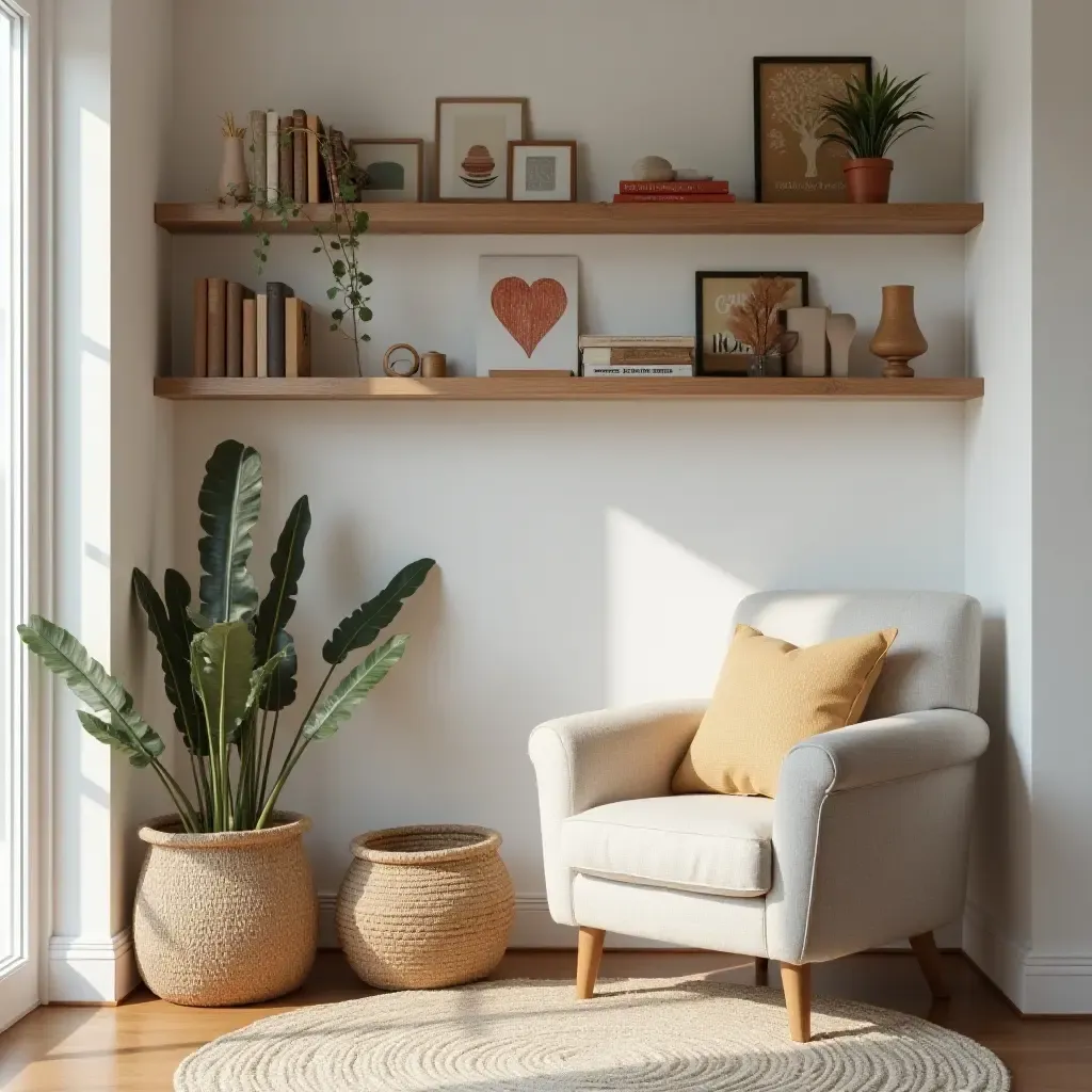 a photo of a cozy reading corner with minimalist shelves and bohemian decor